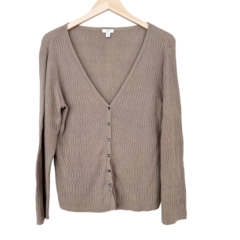 J. Jill Taupe Ribbed V-Neck Button-Front Sweater